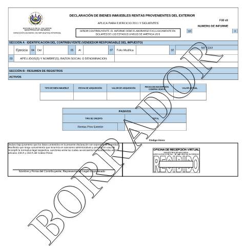 Vista previa del documento F-30 v3, borrador, Declaración de Bienes Inmuebles — Formulario tributario, El Salvador (CERFA n°F-30-V3)