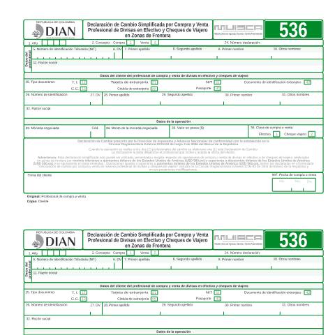 Vista previa del documento Declaración de Cambio Simplificada por Compra y Venta Profesional de Divisas en Efectivo y Cheques de Viajero en Zonas de Frontera — Año 2011, Colombia (CERFA n°F536-2011)