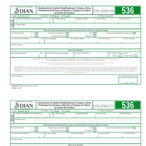 Vista previa del documento Declaración de Cambio Simplificada por Compra y Venta Profesional de Divisas en Efectivo y Cheques de Viajero en Zonas de Frontera — Año 2009, Colombia (CERFA n°F536-2009)