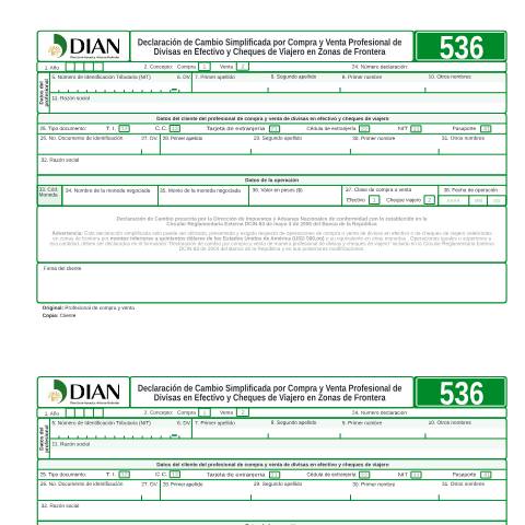 Vista previa del documento Declaración de cambio simplificada por compra y venta profesional de divisas en efectivo y cheques de viajero en zonas de frontera — Año 2006, Colombia (CERFA n°F536-2006)