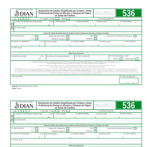 Vista previa del documento Declaración de cambio simplificada por compra y venta profesional de divisas en efectivo y cheques de viajero en zonas de frontera — Año 2007, Colombia (CERFA n°F536-2007)