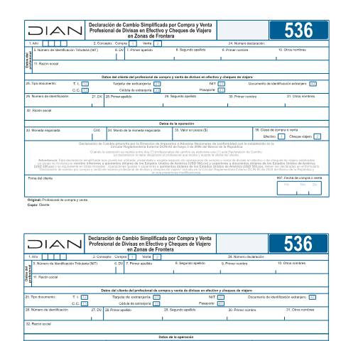 Vista previa del documento Declaración de Cambio Simplificada por Compra y Venta Profesional de Divisas y Cheques de Viajero en Zonas de Frontera — Año 2024, Colombia (CERFA n°F536-2024)