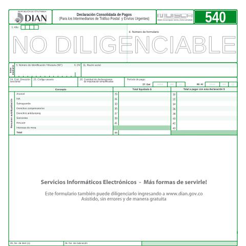 Vista previa del documento Declaración Consolidada de Pagos (Para los Intermediarios de Tráfico Postal y Envíos Urgentes) — Año 2009, Colombia (CERFA n°F540-2009)