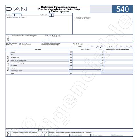 Vista previa del documento Declaración Consolidada de Pagos (Para los Intermediarios de Tráfico Postal y Envíos Urgentes). — Año 2026, Colombia (CERFA n°F540-2026)