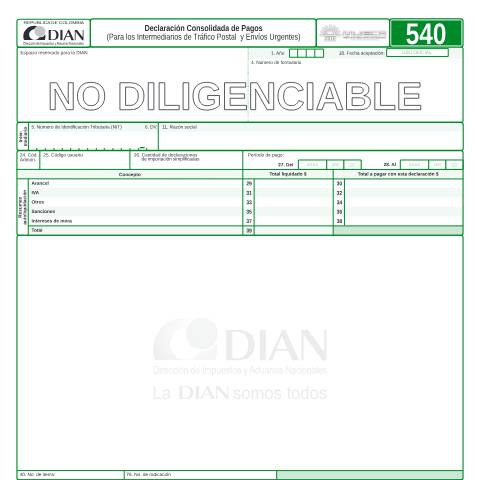 Vista previa del documento Declaración consolidada de pagos (para los intermediarios de tráfico postal y envíos urgentes) — Año 2006, Colombia (CERFA n°F540-2006)