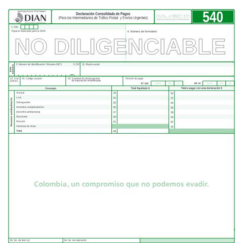Vista previa del documento Declaración consolidada de pagos (para los intermediarios de tráfico postal y envíos urgentes) — Año 2007, Colombia (CERFA n°F540-2007)
