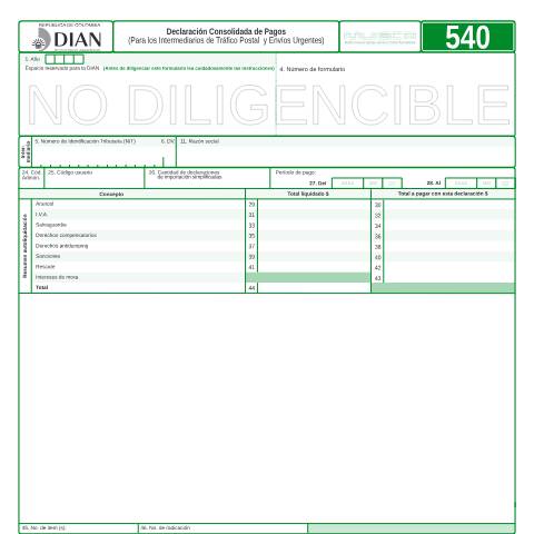 Vista previa del documento Declaración Consolidada de Pagos (Para los Intermediarios de Tráfico Postal y Envíos Urgentes) — Año 2008, Colombia (CERFA n°F540-2008)