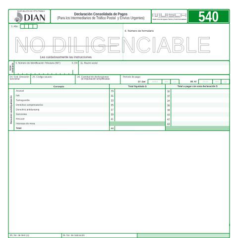 Vista previa del documento Declaración Consolidada de Pagos (Para los Intermediarios de Tráfico Postal y Envíos Urgentes) — Año 2014, Colombia (CERFA n°F540-2014)