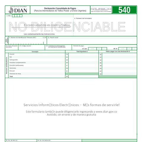Vista previa del documento Declaración Consolidada de Pagos (Para los Intermediarios de Tráfico Postal y Envíos Urgentes) — Año 2015, Colombia (CERFA n°F540-2015)