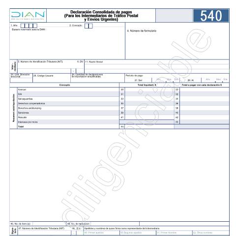 Vista previa del documento Declaración Consolidada de Pagos (Para los Intermediarios de Tráfico Postal y Envíos Urgentes) — Año 2023, Colombia (CERFA n°F540-2023)