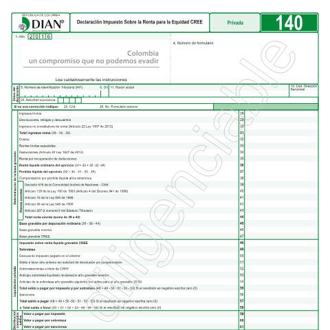 Vista previa del documento Declaración Impuesto Sobre la Renta para la Equidad CREE — Año 2017, Colombia (CERFA n°F140-2017)