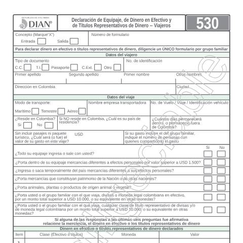 Vista previa del documento Declaración de Equipaje de Dinero en Efectivo y Títulos Representativos en Dinero - Viajeros — Año 2017, Colombia (CERFA n°F530-2017)