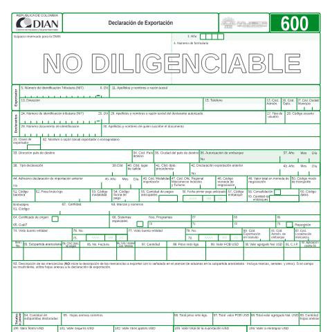 Vista previa del documento Declaración de exportación — Año 2006, Colombia (CERFA n°F600-2006)