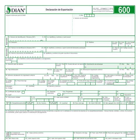 Vista previa del documento Declaración de Exportación — Año 2014, Colombia (CERFA n°F600-2014)