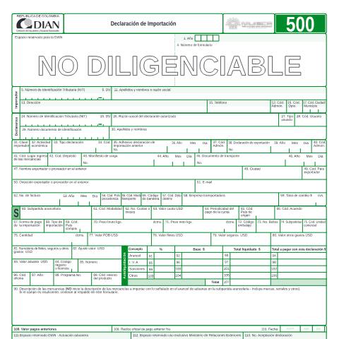 Vista previa del documento Declaración de importación — Año 2006, Colombia (CERFA n°F500-2006)