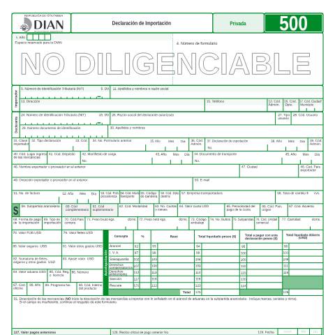 Vista previa del documento Declaración de importación — Año 2007, Colombia (CERFA n°F500-2007)