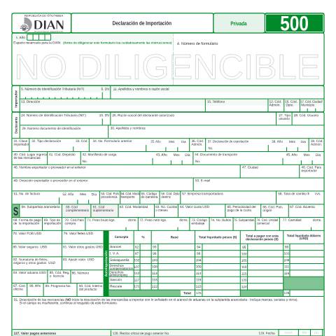 Vista previa del documento Declaración de Importación — Año 2008, Colombia (CERFA n°F500-2008)