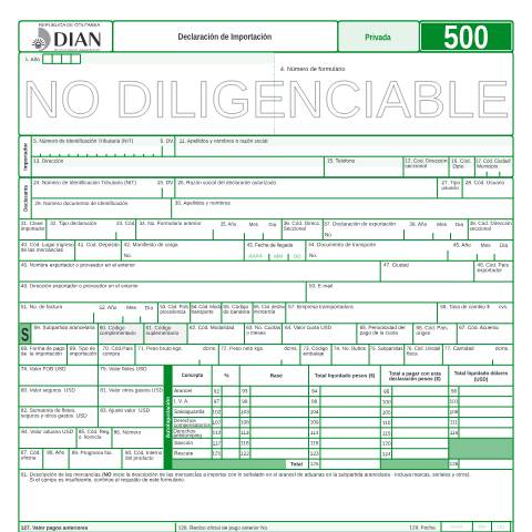 Vista previa del documento Declaración de Importación — Año 2009, Colombia (CERFA n°F500-2009)