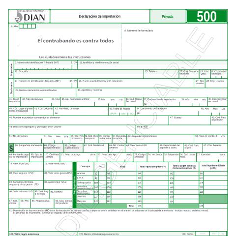 Vista previa del documento Declaración de Importación — Año 2011, Colombia (CERFA n°F500-2011)