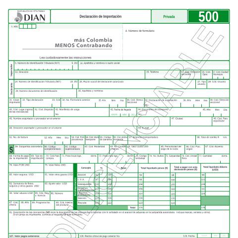 Vista previa del documento Declaración de Importación — Año 2017, Colombia (CERFA n°F500-2017)