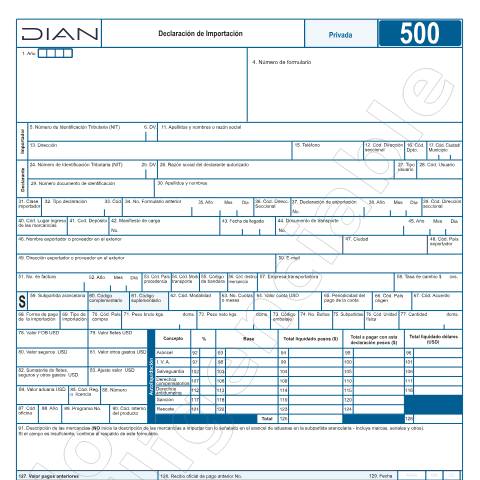 Vista previa del documento Declaración de Importación — Año 2026, Colombia (CERFA n°F500-2026)