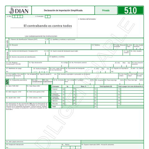 Vista previa del documento Declaración de Importación Simplificada — Año 2011, Colombia (CERFA n°F510-2011)