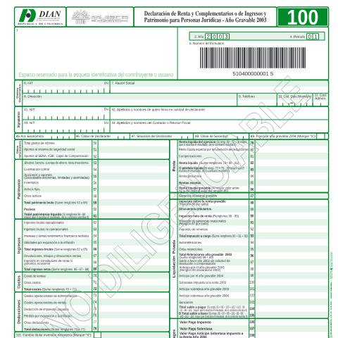 Vista previa del documento Declaración de renta y complementarios o de ingresos y patrimonio para personas juridicas — Año 2004, Colombia (CERFA n°F100-2004)