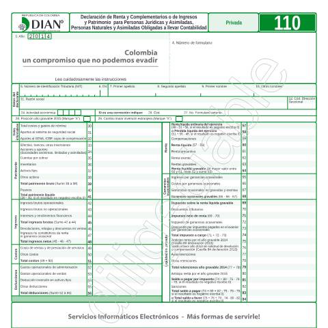 Vista previa del documento Declaración de Renta y Complementarios o de Ingresos y Patrimonio para Personas Jurídicas y Asimiladas, Personas Naturales y Asimiladas Obligadas a llevar Contabilidad — Año 2015, Colombia (CERFA n°F110-2015)