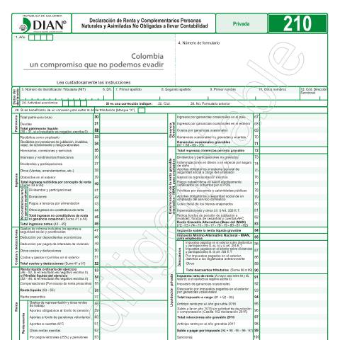 Vista previa del documento Declaración de Renta y Complementarios Personas Naturales y Asimiladas No Obligadas a llevar Contabilidad — Año 2017, Colombia (CERFA n°F210-2017)