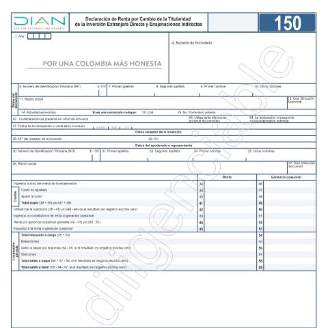 Vista previa del documento Declaración de Renta por Cambio de la Titularidad de la Inversión Extranjera Directa y Enajenaciones Indirectas - Resolución 000018 del 17 de febrero de 2021. — Año 2023, Colombia (CERFA n°F150-2023)