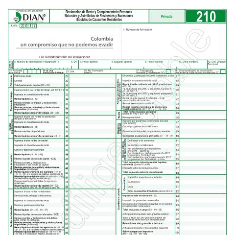 Vista previa del documento Declaración de Renta y Complementario Personas Naturales y Asimiladas de Residentes y Sucesiones Ilíquidas de Causantes Residentes — Año 2018, Colombia (CERFA n°F210-2018)