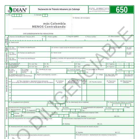 Vista previa del documento Declaración de Tránsito Aduanero y/o Cabotaje — Año 2016, Colombia (CERFA n°F650-2016)