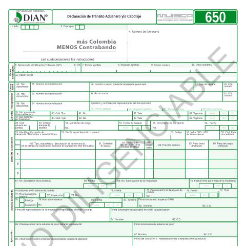 Vista previa del documento Declaración de Tránsito Aduanero y/o Cabotaje — Año 2019, Colombia (CERFA n°F650-2019)