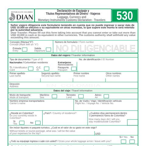 Vista previa del documento Declaracion de equipaje y titulos representativos de dinero - Viajeros. — Año 2007, Colombia (CERFA n°F530-2007)
