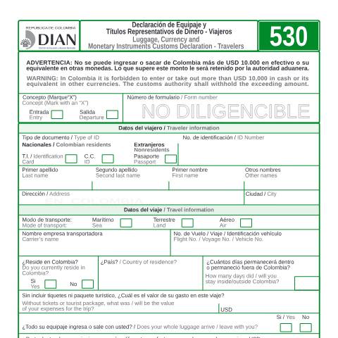 Vista previa del documento Declaracion de Equipaje y Titulos Representativos de Dinero - Viajeros. — Año 2008, Colombia (CERFA n°F530-2008)