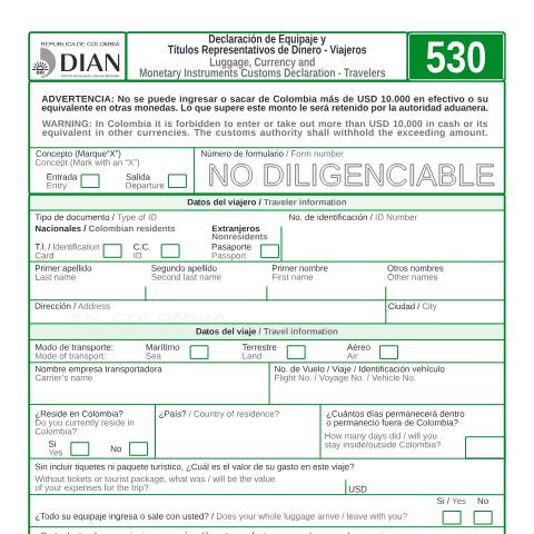 Vista previa del documento Declaracion de Equipaje y Titulos Representativos de Dinero Viajeros. — Año 2009, Colombia (CERFA n°F530-2009)