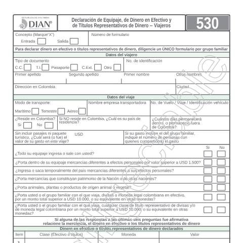 Vista previa del documento Declaración de Equipaje, de Dinero en Efectivo y de Títulos Representativos de Dinero – Viajeros — Año 2018, Colombia (CERFA n°F530-2018)