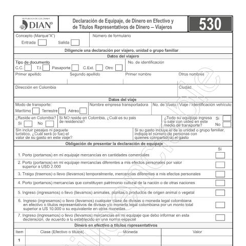 Vista previa del documento Declaración de Equipaje, de Dinero en Efectivo y Títulos Representativos en Dinero - Viajeros - Resolución 0054 de septiembre 4 de 2019 — Año 2020, Colombia (CERFA n°F530-2020)