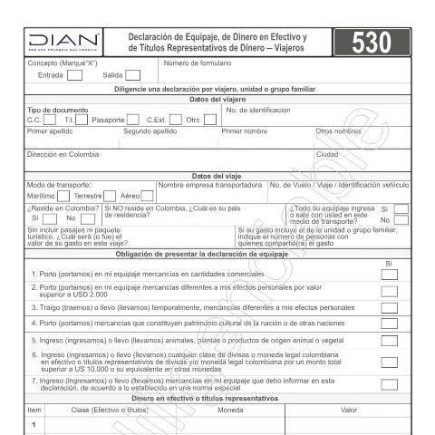 Vista previa del documento Declaración de Equipaje, de Dinero en Efectivo y Títulos Representativos en Dinero - Viajeros. — Año 2023, Colombia (CERFA n°F530-2023)
