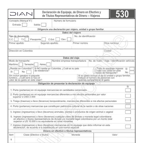 Vista previa del documento Declaración de Equipaje, de Dinero en Efectivo y Títulos Representativos en Dinero - Viajeros. — Año 2024, Colombia (CERFA n°F530-2024)