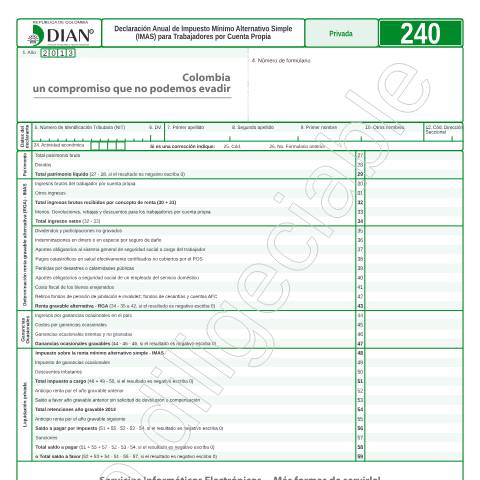 Vista previa del documento Declaración Anual de Impuesto Minimo Alternativo Simple (IMAS) para Trabajadores por Cuenta Propia — Año 2014, Colombia (CERFA n°F240-2014)