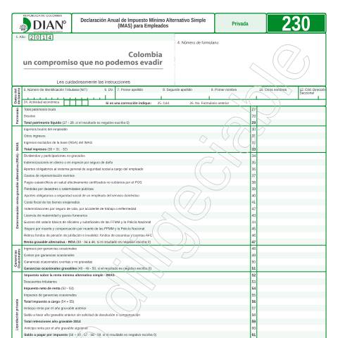 Vista previa del documento Declaración Anual de Impuesto Mínimo Alternativo Simple (IMAS) para Empleados. — Año 2015, Colombia (CERFA n°F230-2015)