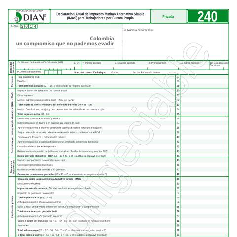 Vista previa del documento Declaración Anual de Impuesto Minimo Alternativo Simple (IMAS) para Trabajadores por Cuenta Propia — Año 2015, Colombia (CERFA n°F240-2015)