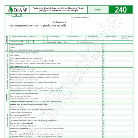 Vista previa del documento Declaración Anual de Impuesto Minimo Alternativo Simple (IMAS) para Trabajadores por Cuenta Propia — Año 2016, Colombia (CERFA n°F240-2016)
