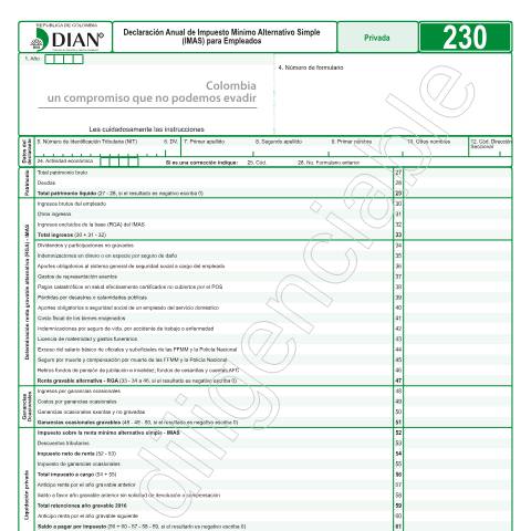 Vista previa del documento Declaración Anual de Impuesto Mínimo Alternativo Simple (IMAS) para Empleados. — Año 2017, Colombia (CERFA n°F230-2017)