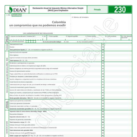 Vista previa del documento Declaración Anual de Impuesto Mínimo Alternativo Simple (IMAS) para Empleados. — Año 2016, Colombia (CERFA n°F230-2016)