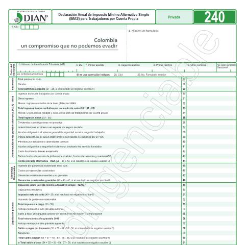 Vista previa del documento Declaración Anual de Impuesto Mínimo Alternativo Simple (IMAS) para Trabajadores por Cuenta Propia — Año 2017, Colombia (CERFA n°F240-2017)