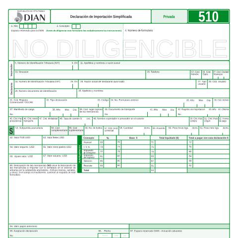Vista previa del documento Declaración de Importación Simplificada — Año 2008, Colombia (CERFA n°F510-2008)