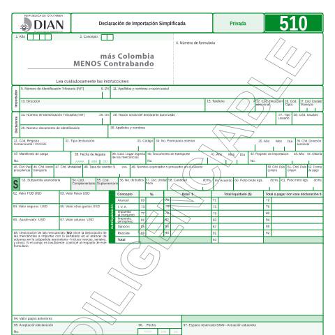 Vista previa del documento Declaración de Importación Simplificada — Año 2017, Colombia (CERFA n°F510-2017)