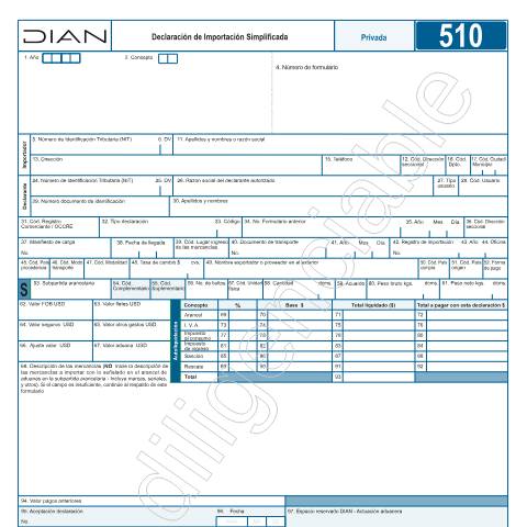 Vista previa del documento Declaración de Importación Simplificada — Año 2025, Colombia (CERFA n°F510-2025)